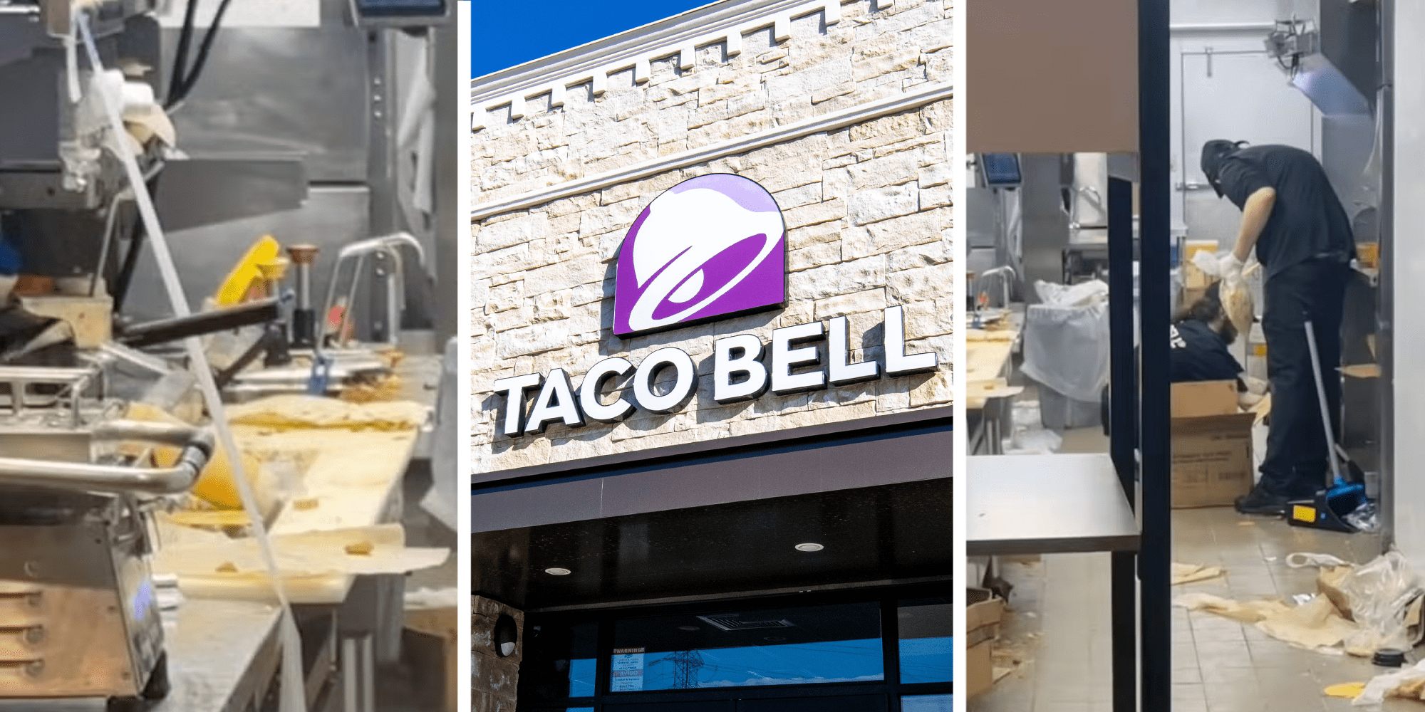Left: Messy taco bell kitchen Middle: Taco Bell front door Right: Messy taco bell kitchen