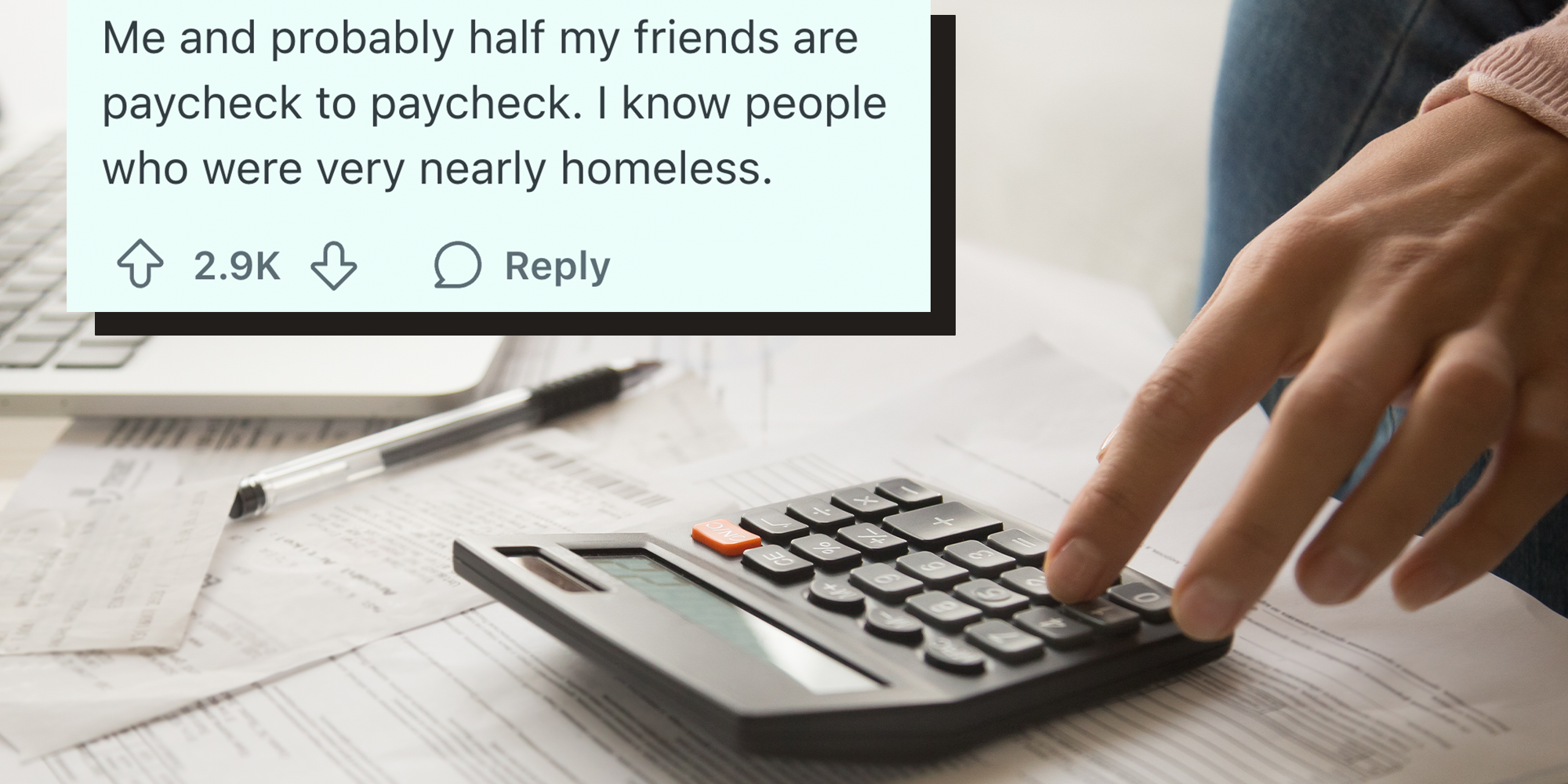 Background: "Close up cropped image young woman calculating monthly expenses, managing budget, entering data in computer application, sitting at table full of papers, loan documents, invoices, utility bills" with caption overlay from AskReddit reading, "Do you know any millennials who are not doing well financially?"