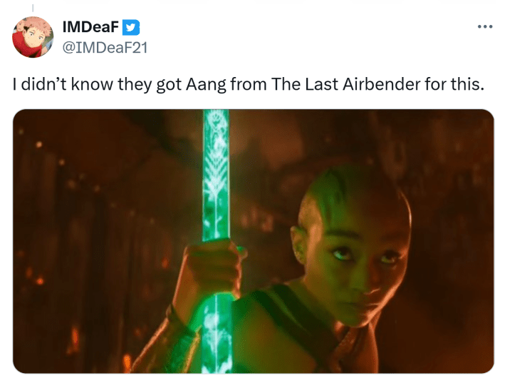 Tweet that reads, "I didn’t know they got Aang from The Last Airbender for this." with a screenshot of one of the actresses from the trailer.