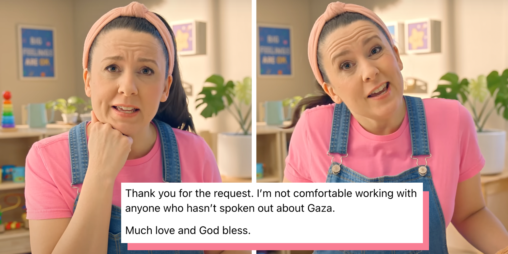 ms rachel not comfortable working with anyone not speaking out against gaza