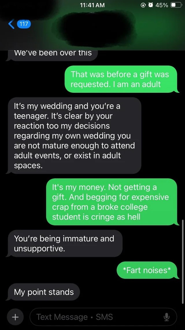 Text message exchange between OP and their half-sister.