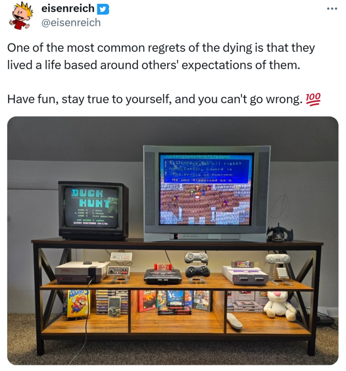 Tweet that reads, "One of the most common regrets of the dying is that they lived a life based around others' expectations of them.Have fun, stay true to yourself, and you can't go wrong. 💯"