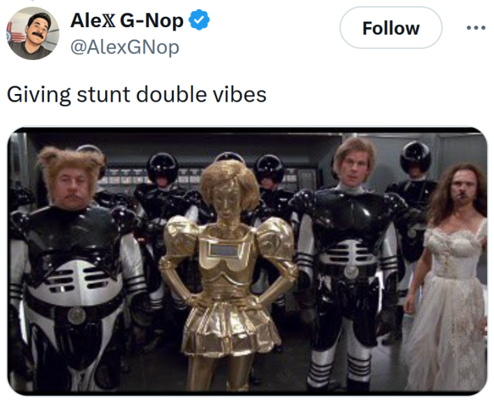 Tweet reading "Giving stunt double vibes" with a screenshot from Spaceballs.