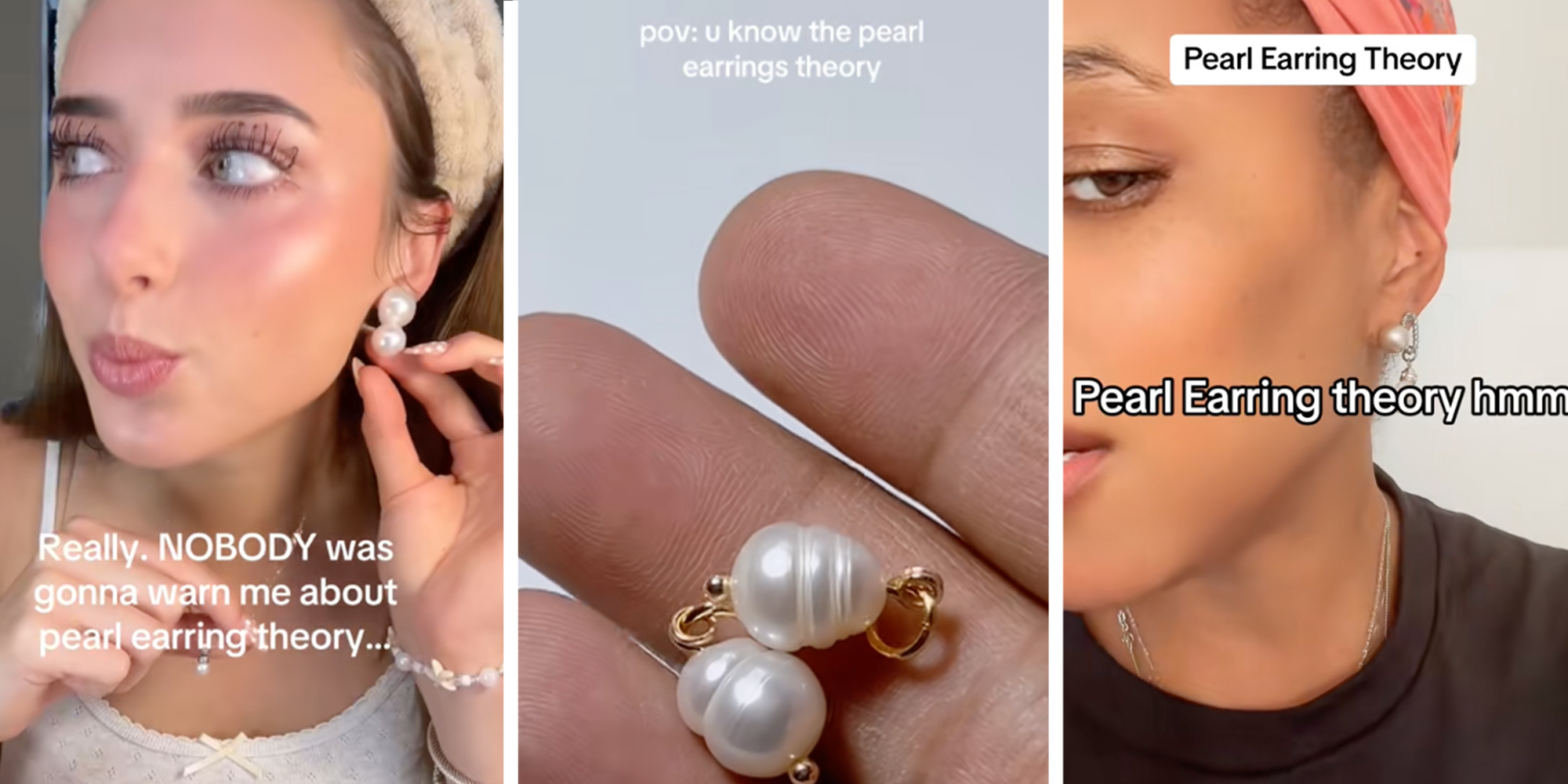 3 panel: Women wearing pearls and talking about the viral TikTok "pearl earring theory"