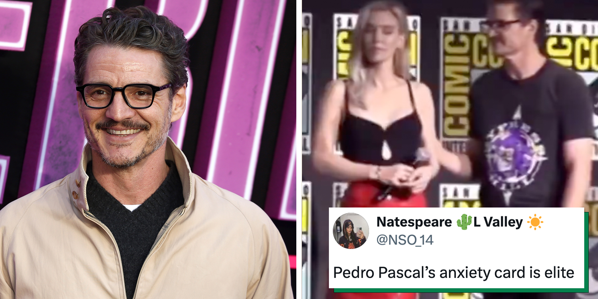 Left: May 22, 2025: Pedro Pascal attends the From The World Of John Wick Ballerina world premiere at Cineworld Leicester Square in London, England. Right: Pedro Pascal onstage touching female costar under tweet reading "Pedro Pascal's anxiety card is elite"