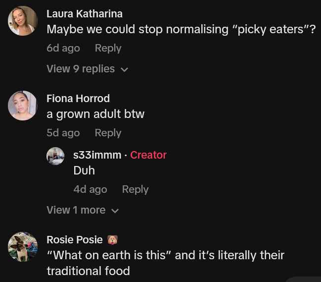 TikTok comments including one reading "Maybe we could stop normalising “picky eaters”?"
