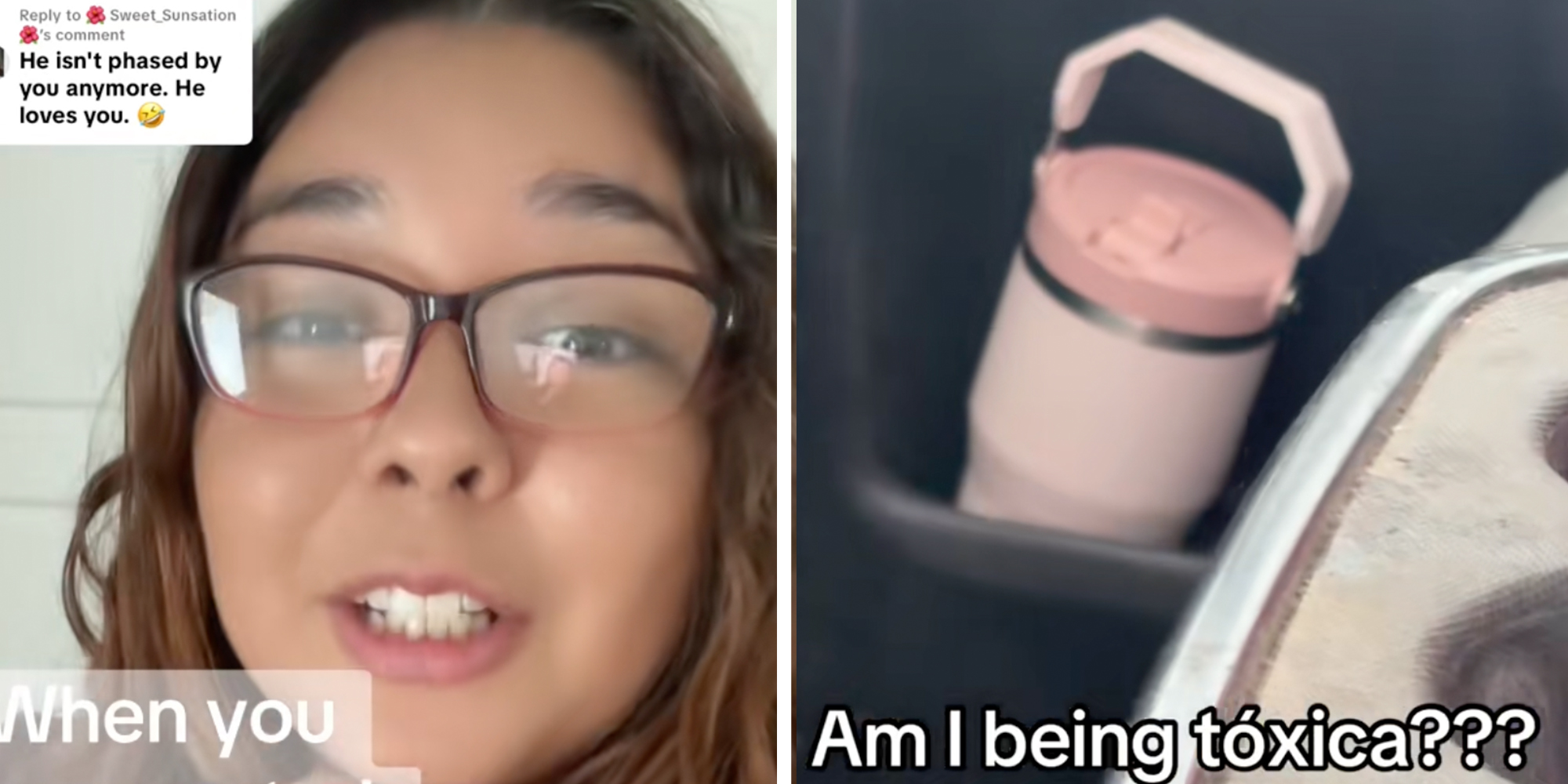 Left: Woman in glasses looking into camera Right: Pink stanley cup in truck door