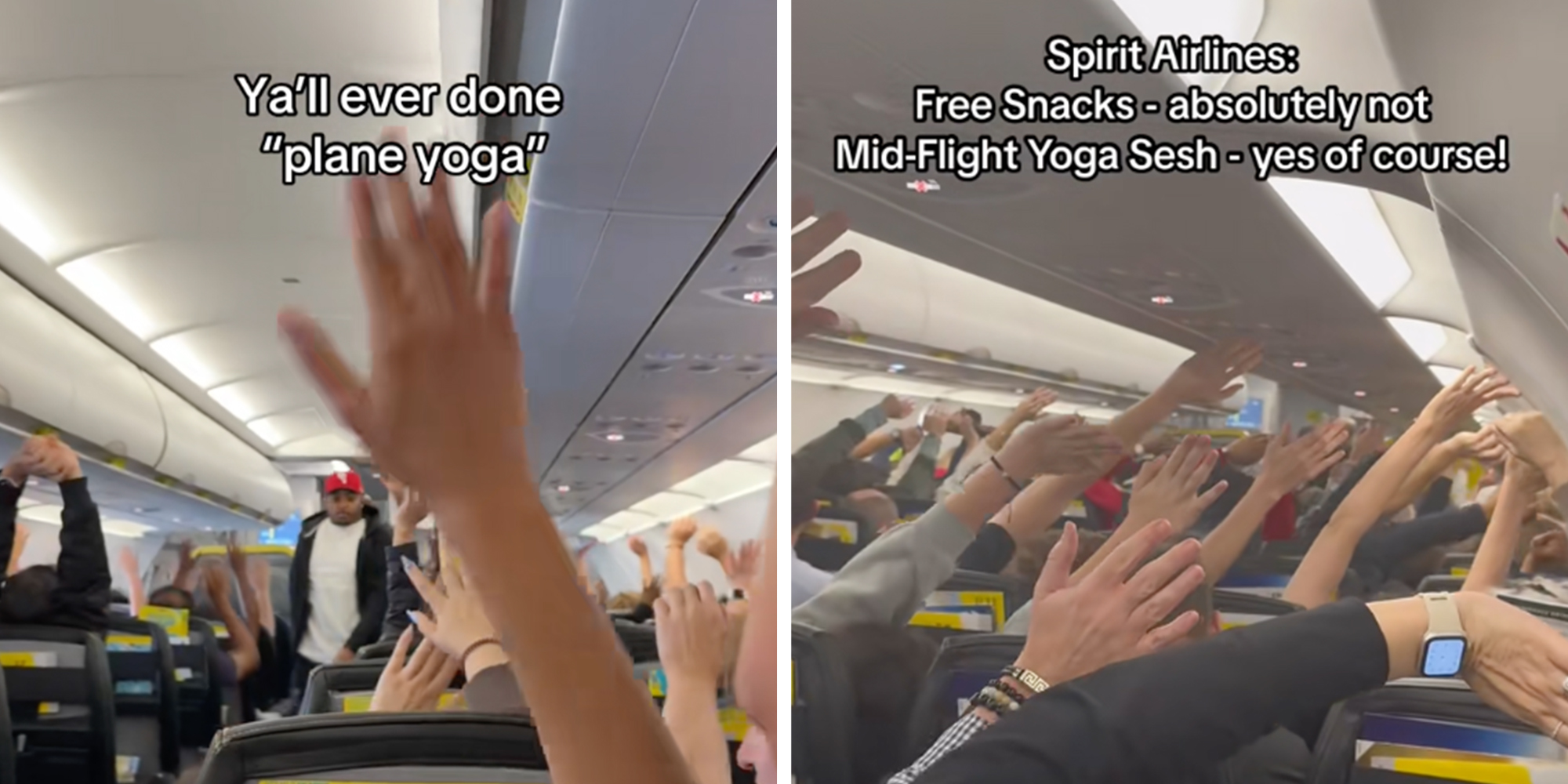 Passengers on an airplane lifting their hands in the air doing plane yoga