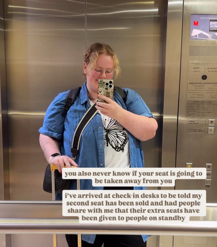 TikTok video about a plus-sized traveler not always buying a second seat.