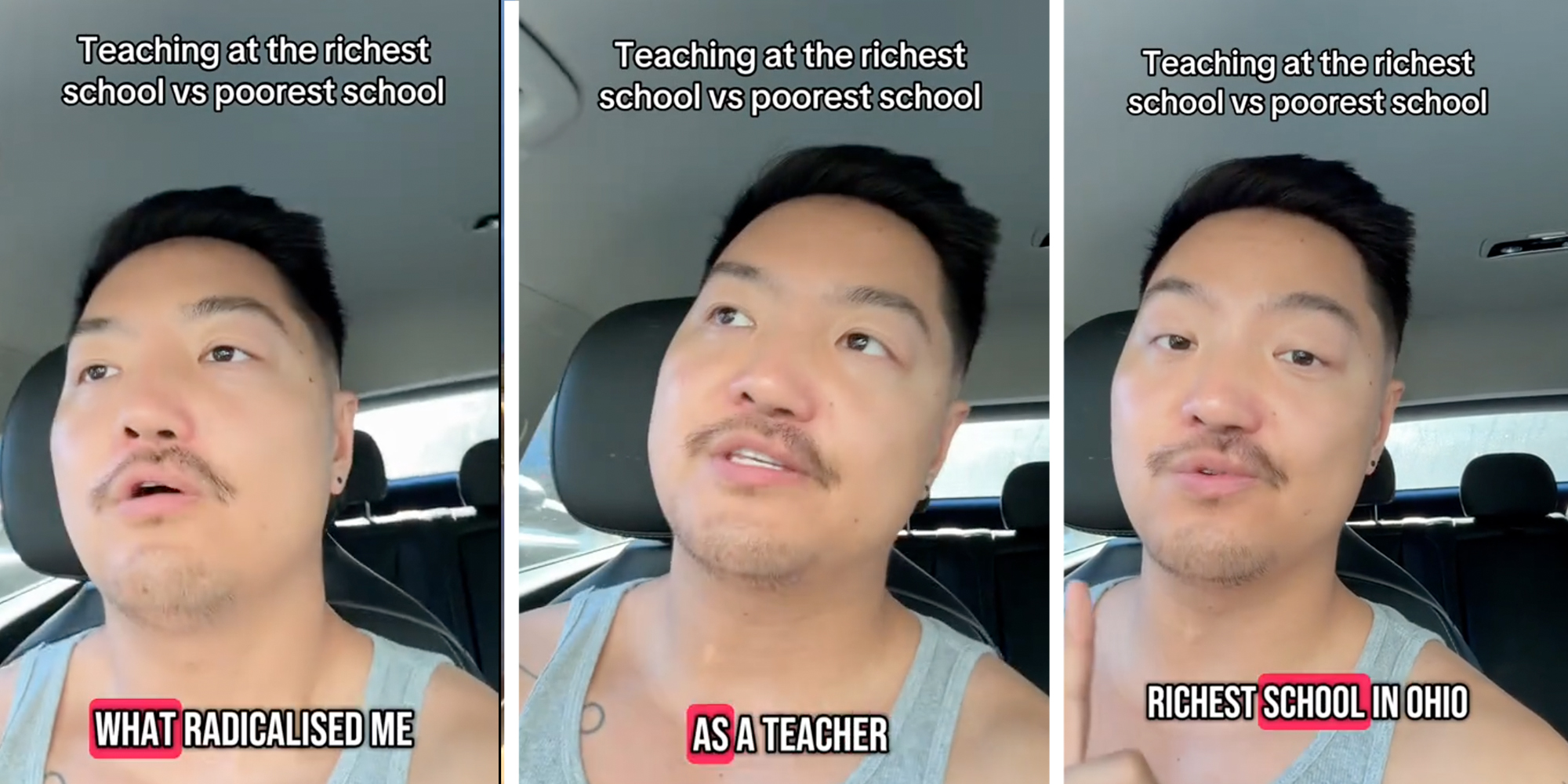 3 panel: Teacher comparing Ohio's richest and poorest schools in emotional viral video