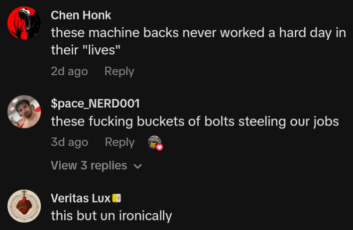 TikTok comments including one reading "these machine backs never worked a hard day in their "lives""
