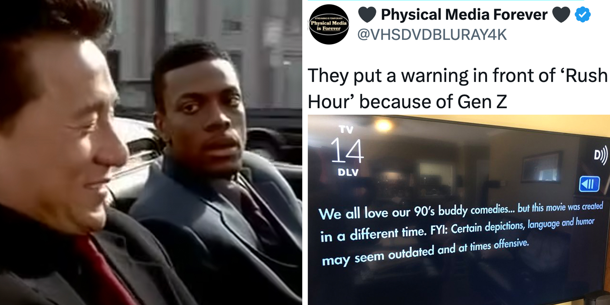 Left: Screenshot from "Rush Hour" film of Jackie Chan and Chris Tucker in a car Right: Content warning before "Rush Hour"