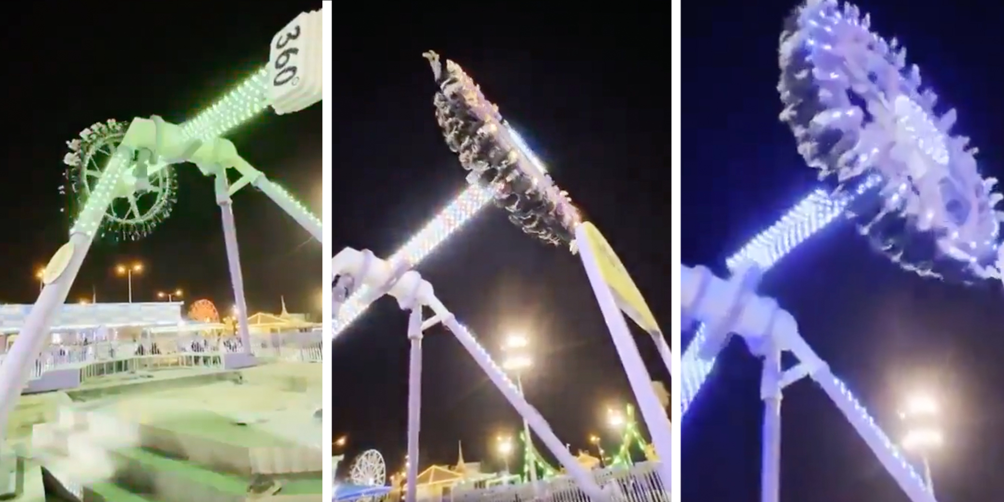 3 panel: Footage from an amusement park in Taif, Saudi Arabia, showing a ride called "360" snapping mid-swing while full of people.