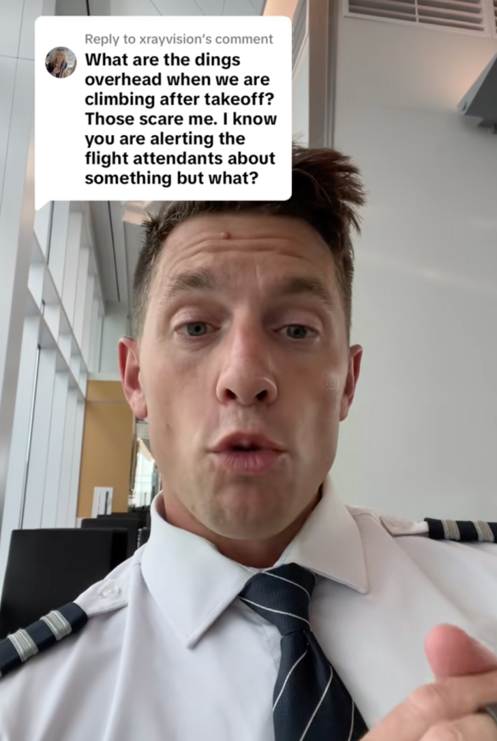 Pilot Pete replied to a TikTok user's question in a June 17 video with 2.9 million views. @xrayvision wrote, "What are the dings overhead when we are climbing after takeoff? Those scare me. I know you are alerting the flight attendants about something but what?"