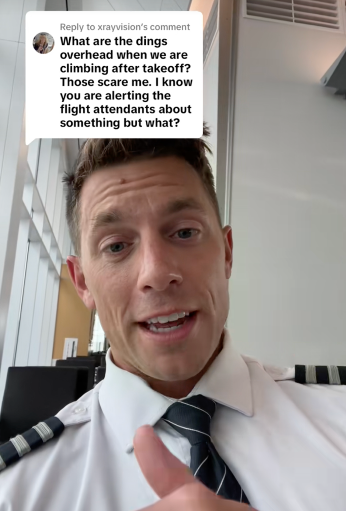 Pilot Pete replied to a TikTok user's question in a June 17 video with 2.9 million views. @xrayvision wrote, "What are the dings overhead when we are climbing after takeoff? Those scare me. I know you are alerting the flight attendants about something but what?"