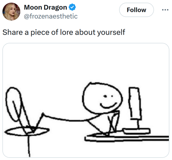 Tweet reading "Share a piece of lore about yourself" with a stick figure drawing of someone smiling at a computer screen.