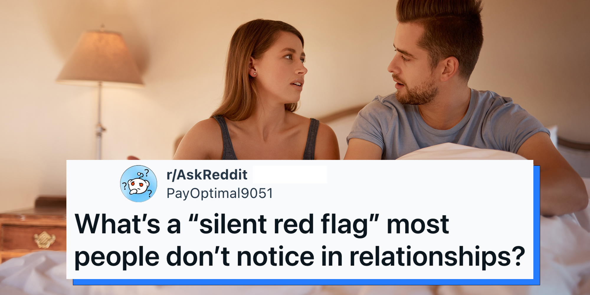 Couple fighting in bed under AskReddit overlay caption reading, "What’s a “silent red flag” most people don’t notice in relationships?"