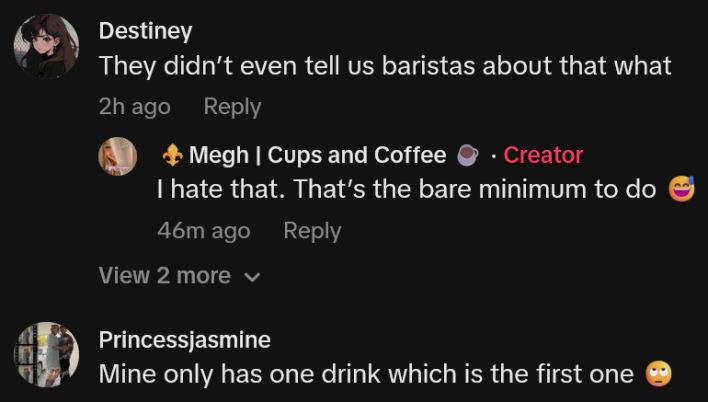 TikTok comments including one reading "They didn’t even tell us baristas about that what"