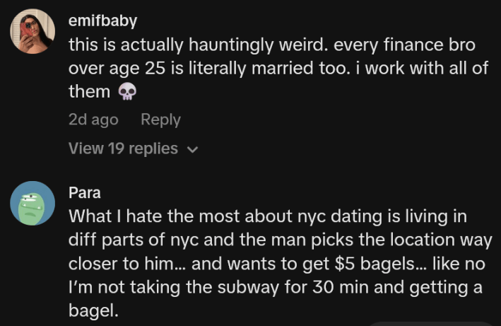 TikTok comments including one reading "this is actually hauntingly weird. every finance bro over age 25 is literally married too. i work with all of them"