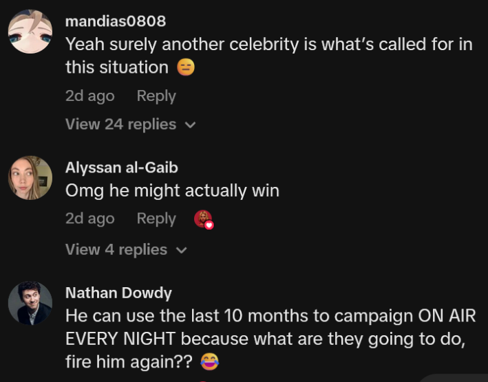 TikTok comments including one reading "Yeah surely another celebrity is what’s called for in this situation"