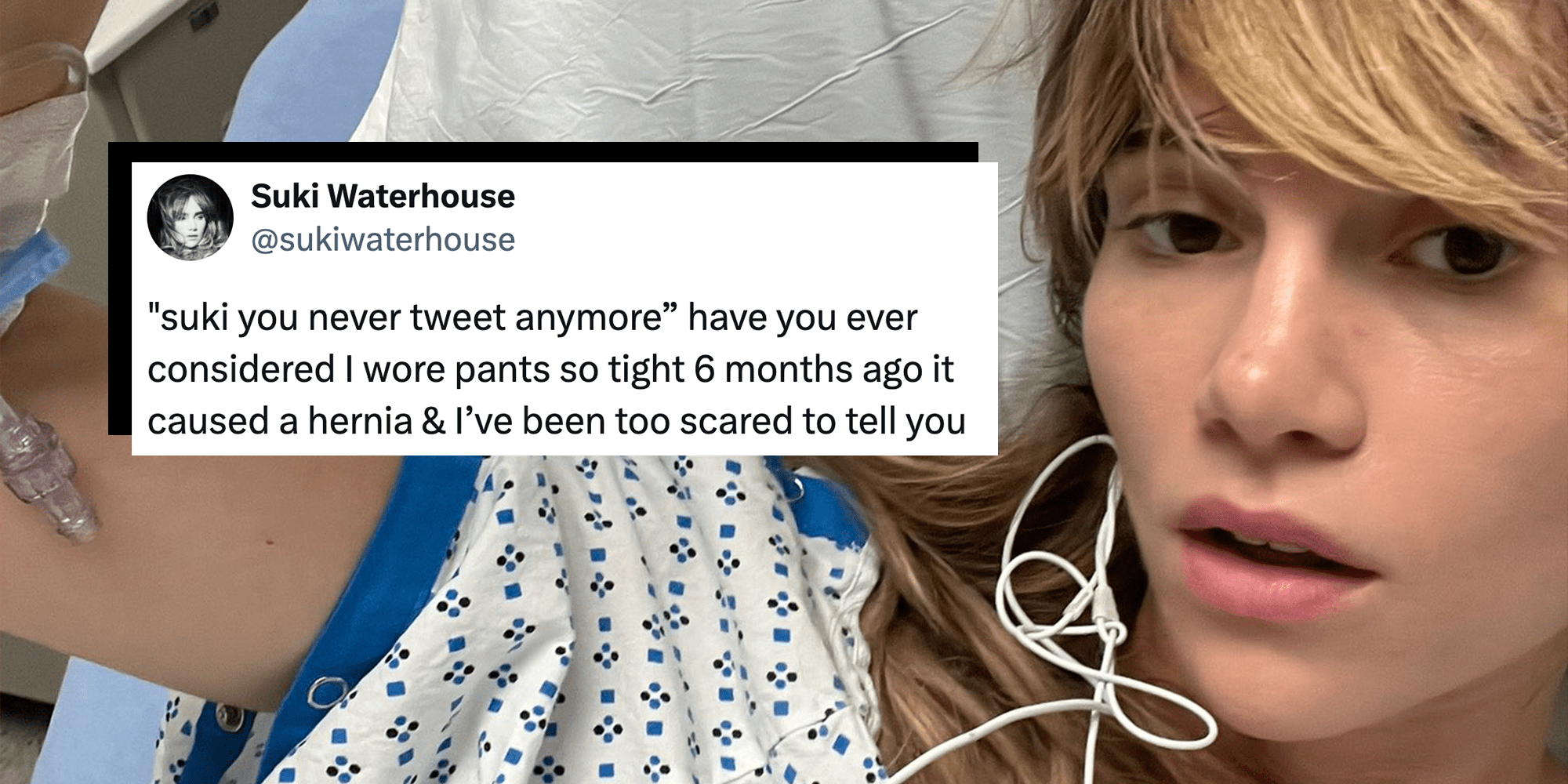 suki waterhouse announces hernia on x tight pants