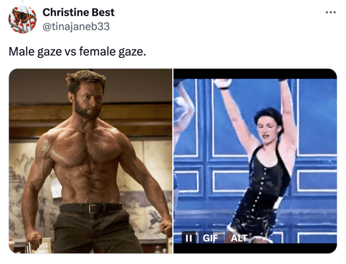 Tweet that reads, "Male gaze vs female gaze." with the photo of Wolverine versus Tom Holland doing the Umbrella dance.