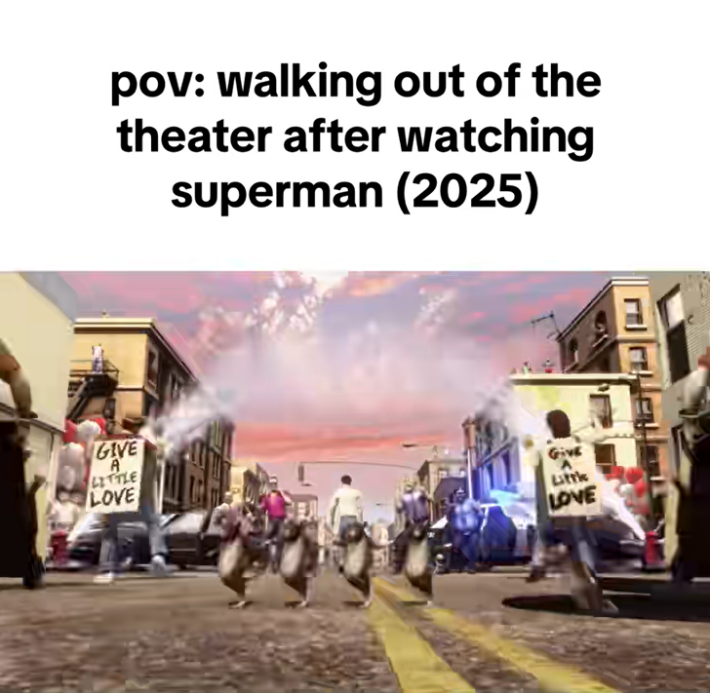 TikTok video, text reads, "POV: walking out of the theater after watching superman (2025)" and people are dancing in the streets.