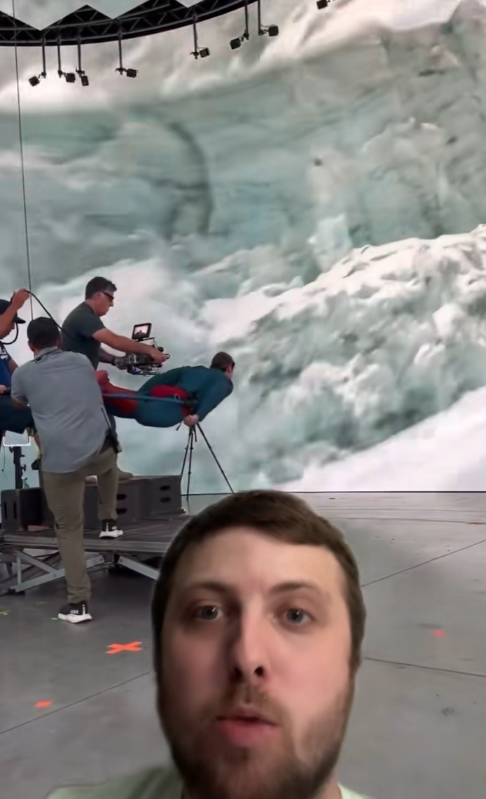 Greenscreened TikTok video showing the BTS footage of Superman flying through Antarctica.