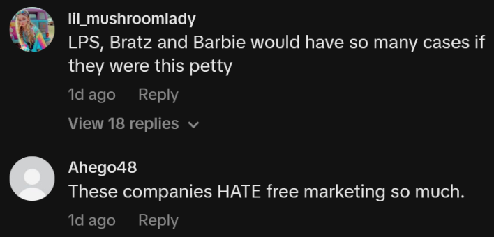 TikTok comments including one reading "LPS, Bratz and Barbie would have so many cases if they were this petty."