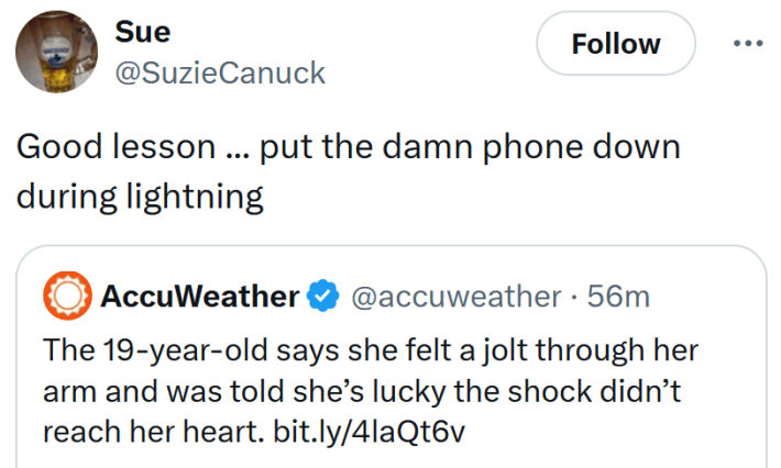 Tweet reading "Good lesson ... put the damn phone down during lightning"