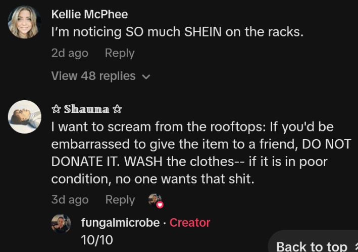 TikTok comments including one reading "I want to scream from the rooftops: If you'd be embarrassed to give the item to a friend, DO NOT DONATE IT. WASH the clothes-- if it is in poor condition, no one wants that shit."