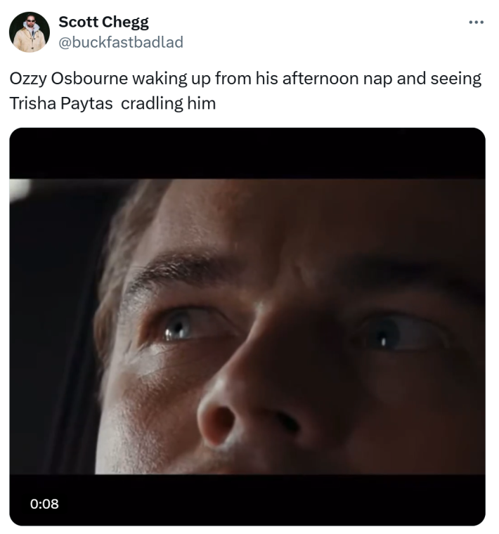 Tweet that reads, "Ozzy Osbourne waking up from his afternoon nap and seeing Trisha Paytas  cradling him"