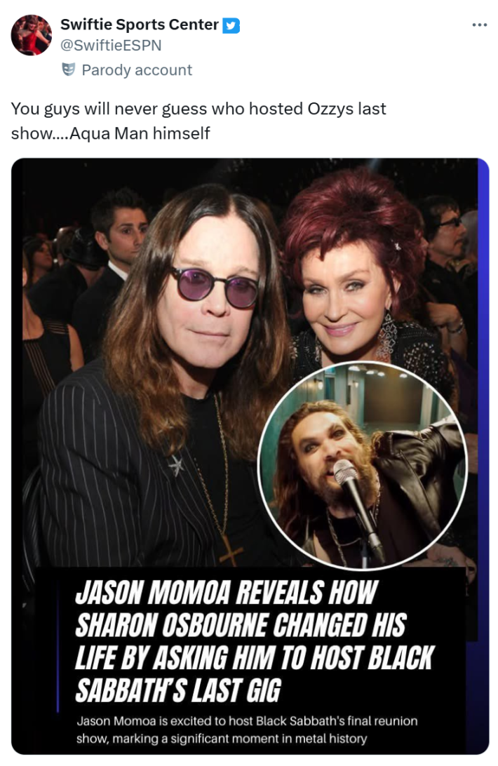 Tweet that reads, "You guys will never guess who hosted Ozzys last show….Aqua Man himself" with a screenshot of a news report about the concert hosting.