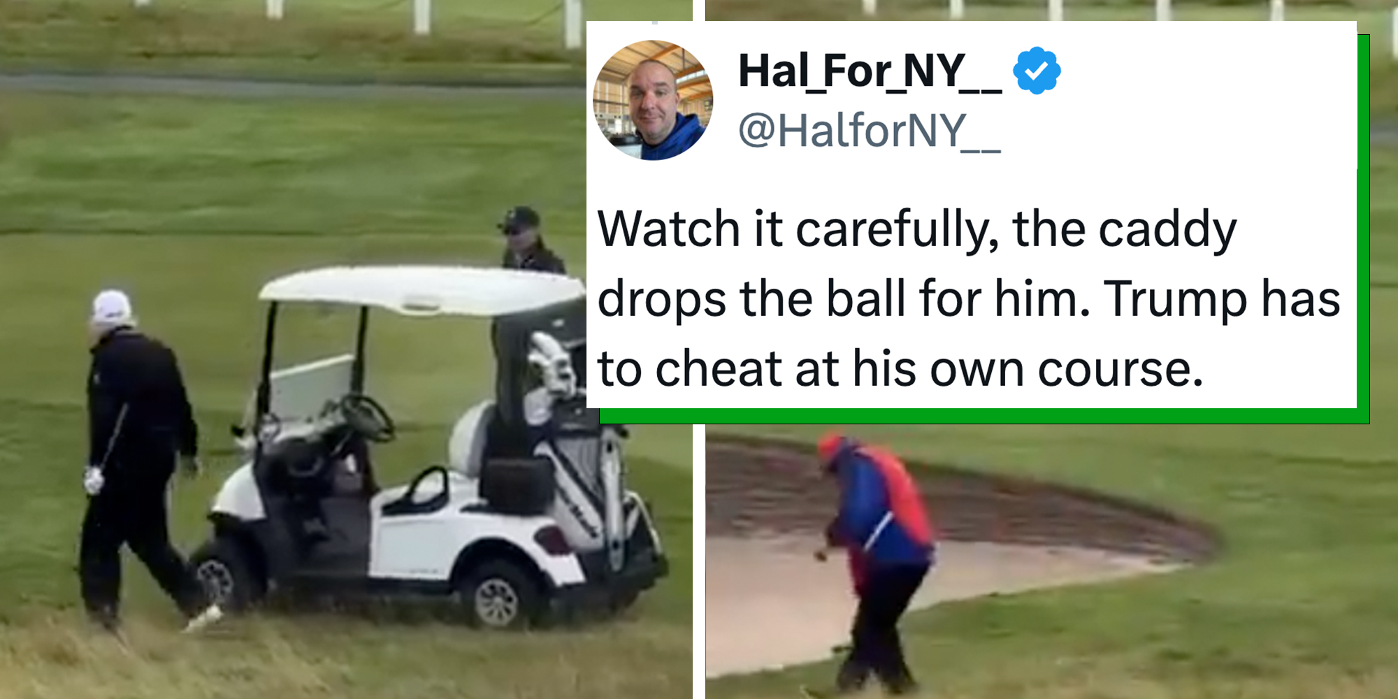 Donald Trump exiting a golf cart with a golf club in hand