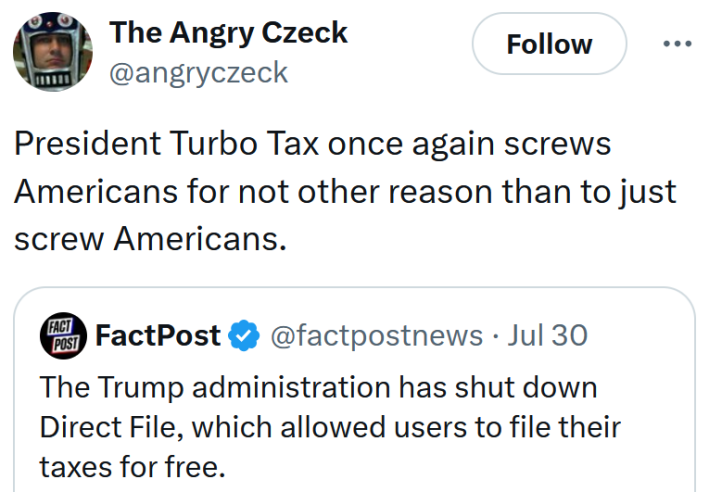 Tweet reading "President Turbo Tax once again screws Americans for not other reason than to just screw Americans."