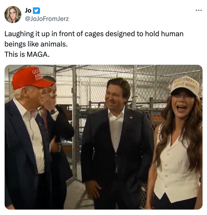 Tweet that reads, "Laughing it up in front of cages designed to hold human beings like animals.This is MAGA."