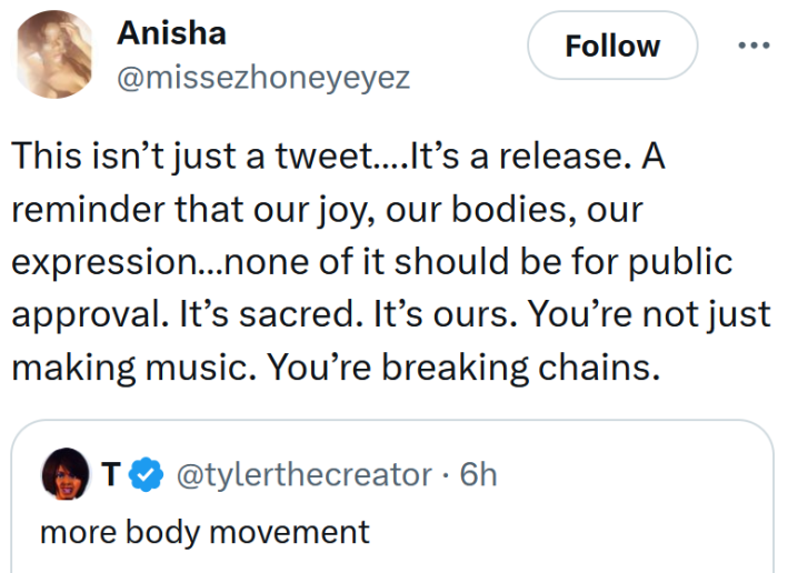 Tweet reading "This isn’t just a tweet….It’s a release. A reminder that our joy, our bodies, our expression…none of it should be for public approval. It’s sacred. It’s ours. You’re not just making music. You’re breaking chains."