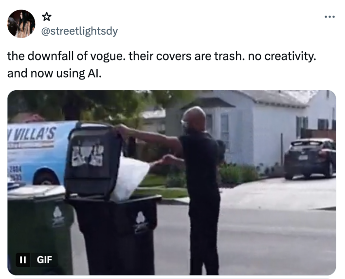 Tweet that reads, "the downfall of vogue. their covers are trash. no creativity. and now using AI." with a GIF of a man throwing away trash.