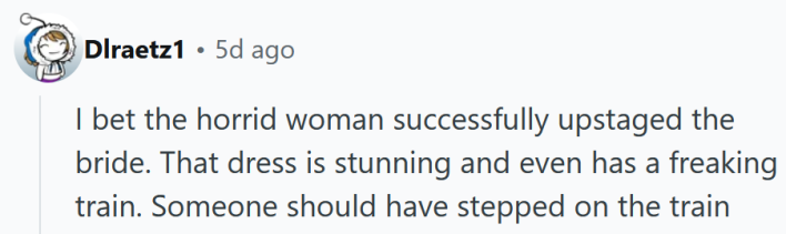 Reddit comment reading "I bet the horrid woman successfully upstaged the bride. That dress is stunning and even has a freaking train. Someone should have stepped on the train"