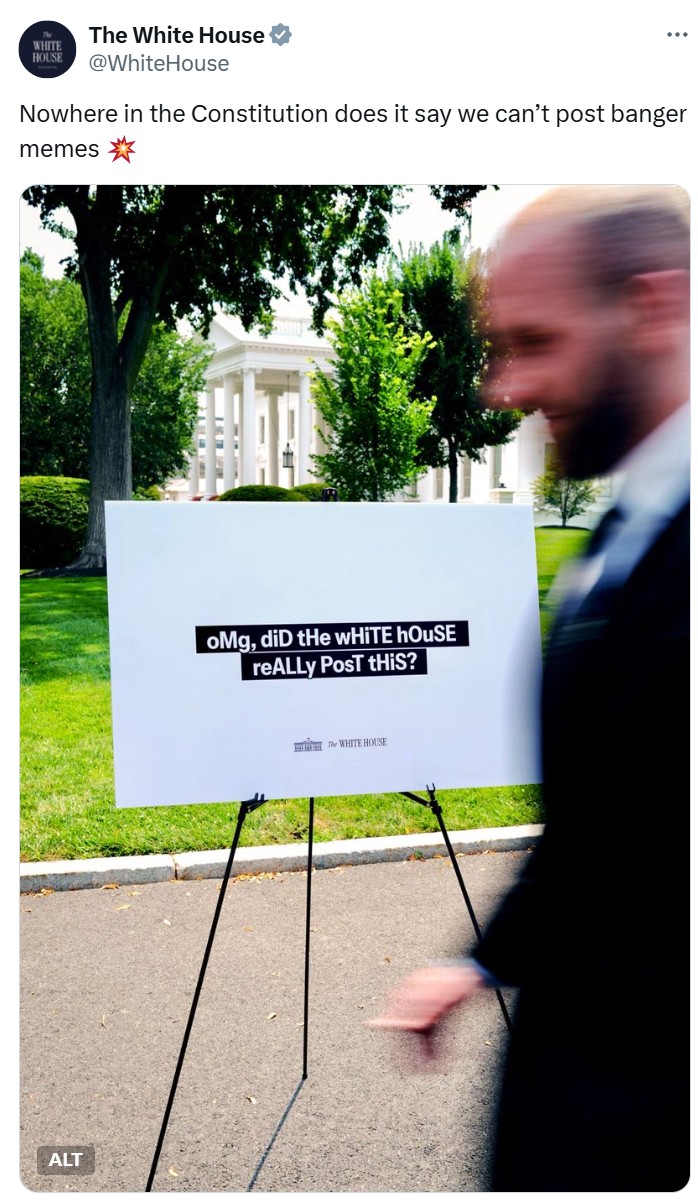 White House official tweet that reads, "Nowhere in the Constitution does it say we can’t post banger memes" with an image of a white poster board standing on the White House lawn. Written in distorted alternating caps, it read: "oMg, diD tHe wHiTE hOuSE reALLy PosT tHiS?" in a clear nod to the Mocking SpongeBob meme.