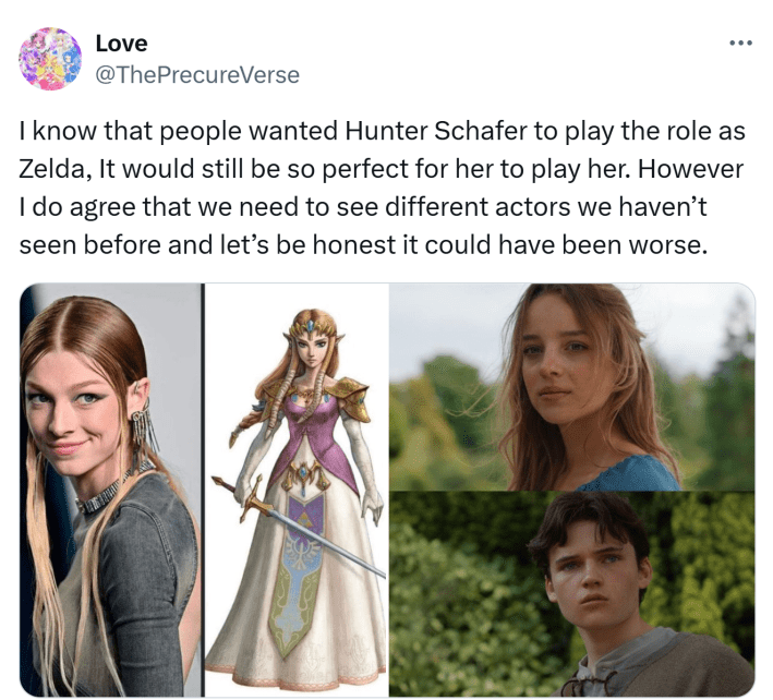 Tweet that reads, "I know that people wanted Hunter Schafer to play the role as Zelda, It would still be so perfect for her to play her. However I do agree that we need to see different actors we haven’t seen before and let’s be honest it could have been worse." with images of all three actors and Zelda in the middle.