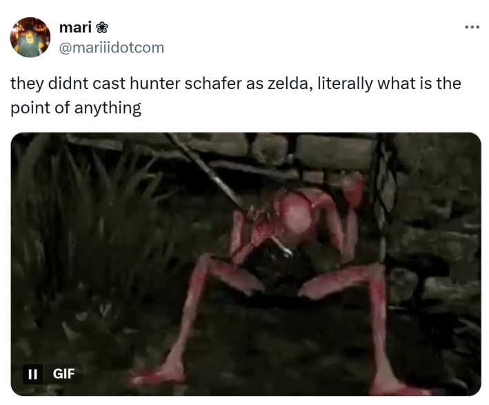 Tweet that reads, "they didnt cast hunter schafer as zelda, literally what is the point of anything" with a GIF of a flailing goblin on the ground.