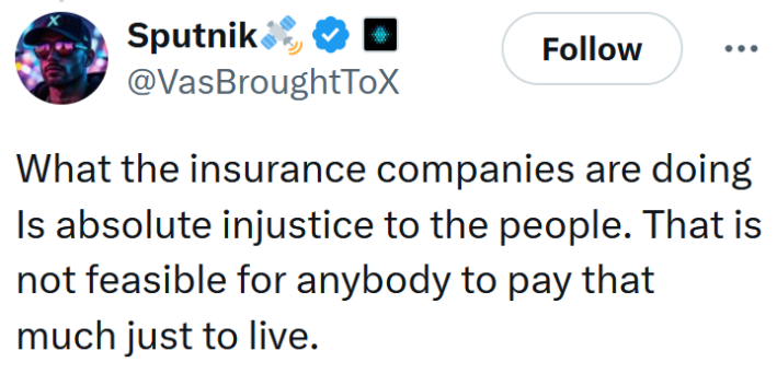 Tweet reading "What the insurance companies are doing Is absolute injustice to the people. That is not feasible for anybody to pay that much just to live."