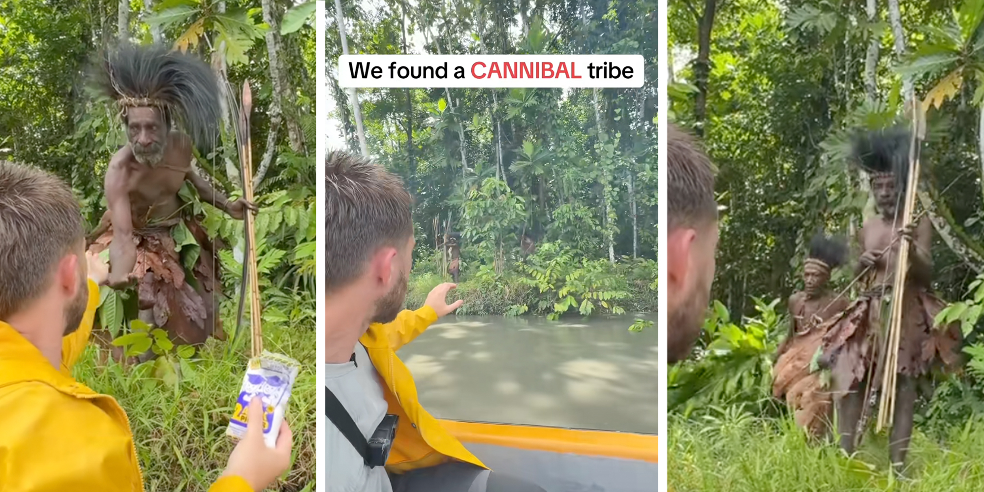 Influencer and TikToker Dara Tah giving a member of a tribe some salt while in a boat.