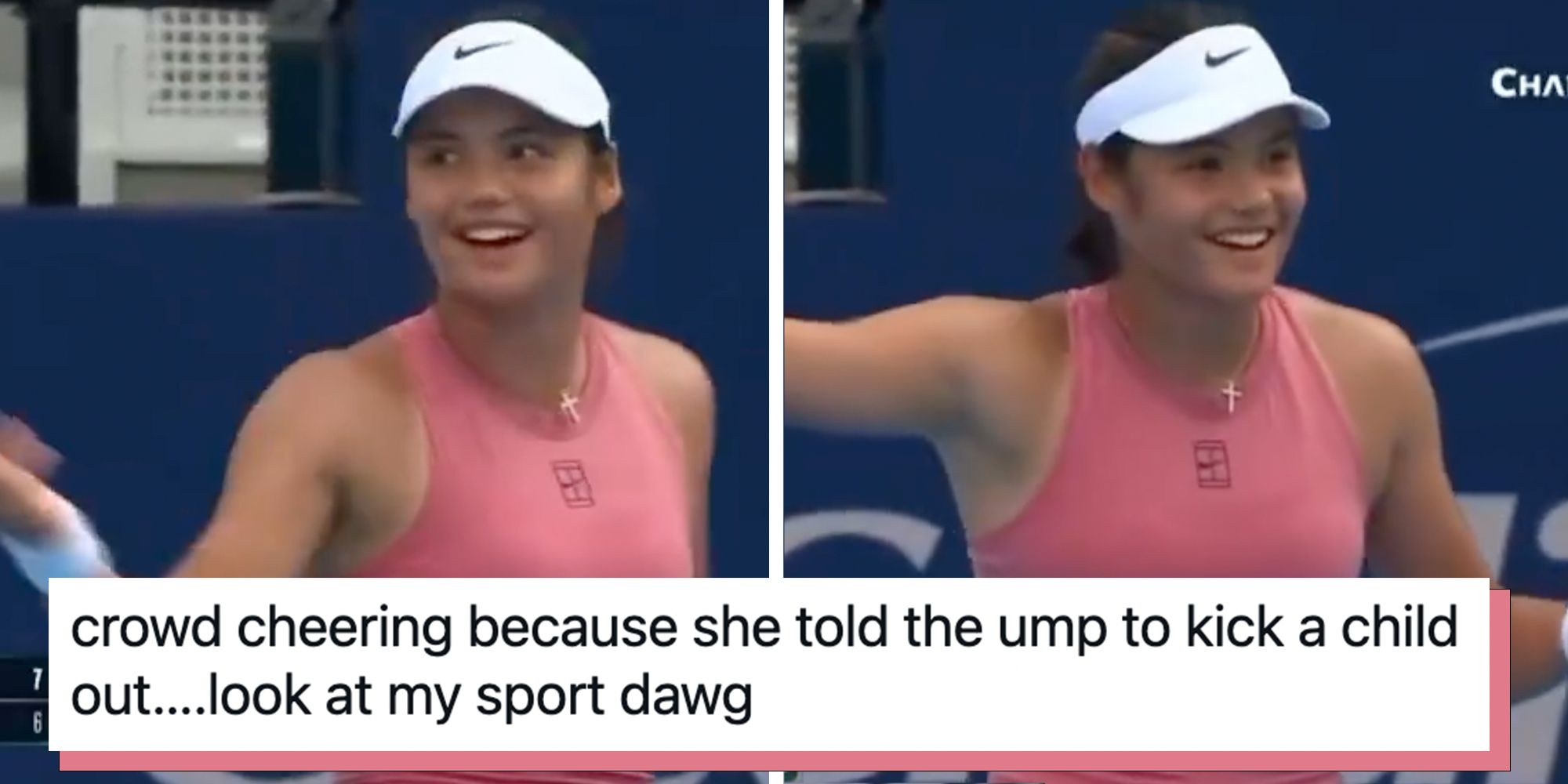 British tennis star Emma Raducanu paused her match at the Cincinnati Open on Monday after a baby’s cries rang out for 10 minutes, disrupting play against world No. 1 Aryna Sabalenka. Caption overlay reads "crowd cheering because she told the ump to kick a child out….look at my sport dawg."