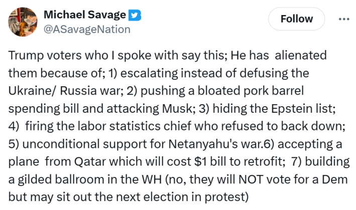 Michael Savage's tweeted list of complaints about Trump.