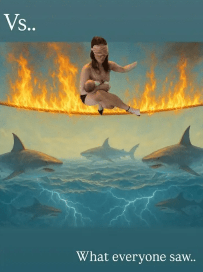 Photoshopped image of Matthews doing the stiletto challenge on a tightrope that is on fire above a shark pit, captioned, "Vs. what everyone saw…"