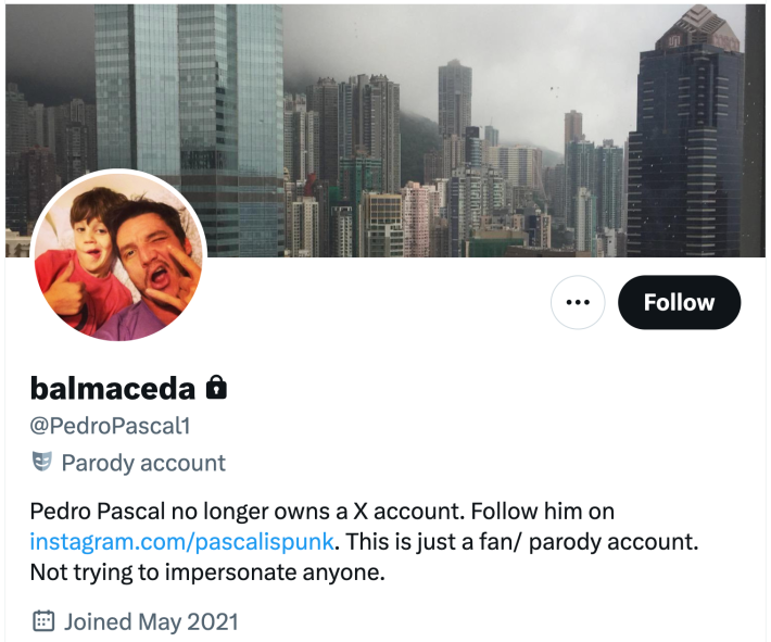 Pedro Pascal's old X account, now marked as a parody account and locked down. The bio reads, "Pedro Pascal no longer owns a X account. Follow him on [Instagram]. This is just a fan/ parody account. Not trying to impersonate anyone."