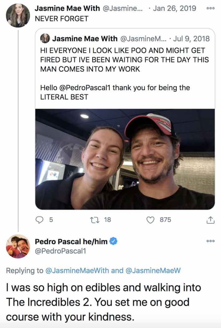 Pascal replying to a fan's tweet about meeting him saying, "I was so high on edibles and walking into The Incredibles 2. You set me on good course with your kindness."
