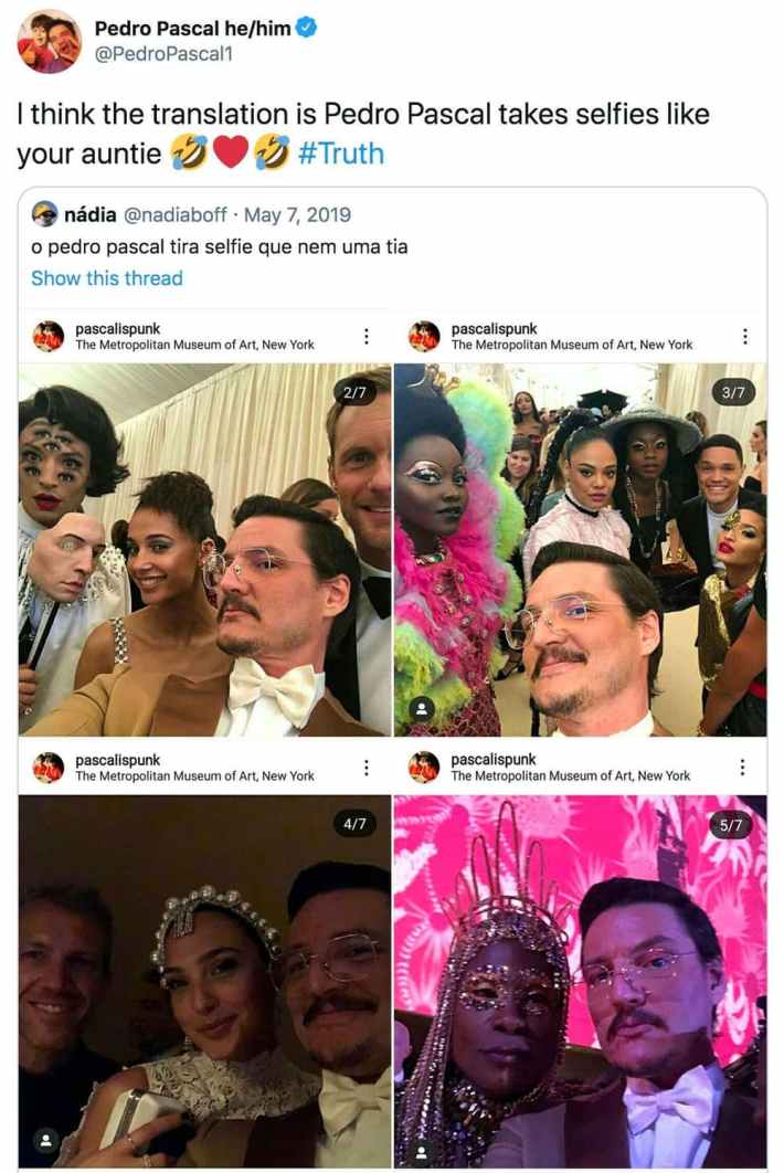 A set of four selfies from awards shows by Pedro Pascal with a note from a fan in Portuguese. The actor QRTed saying, "I think the translation is Pedro Pascal takes selfies like your auntie. (rofl and heart emojis) #Truth"
